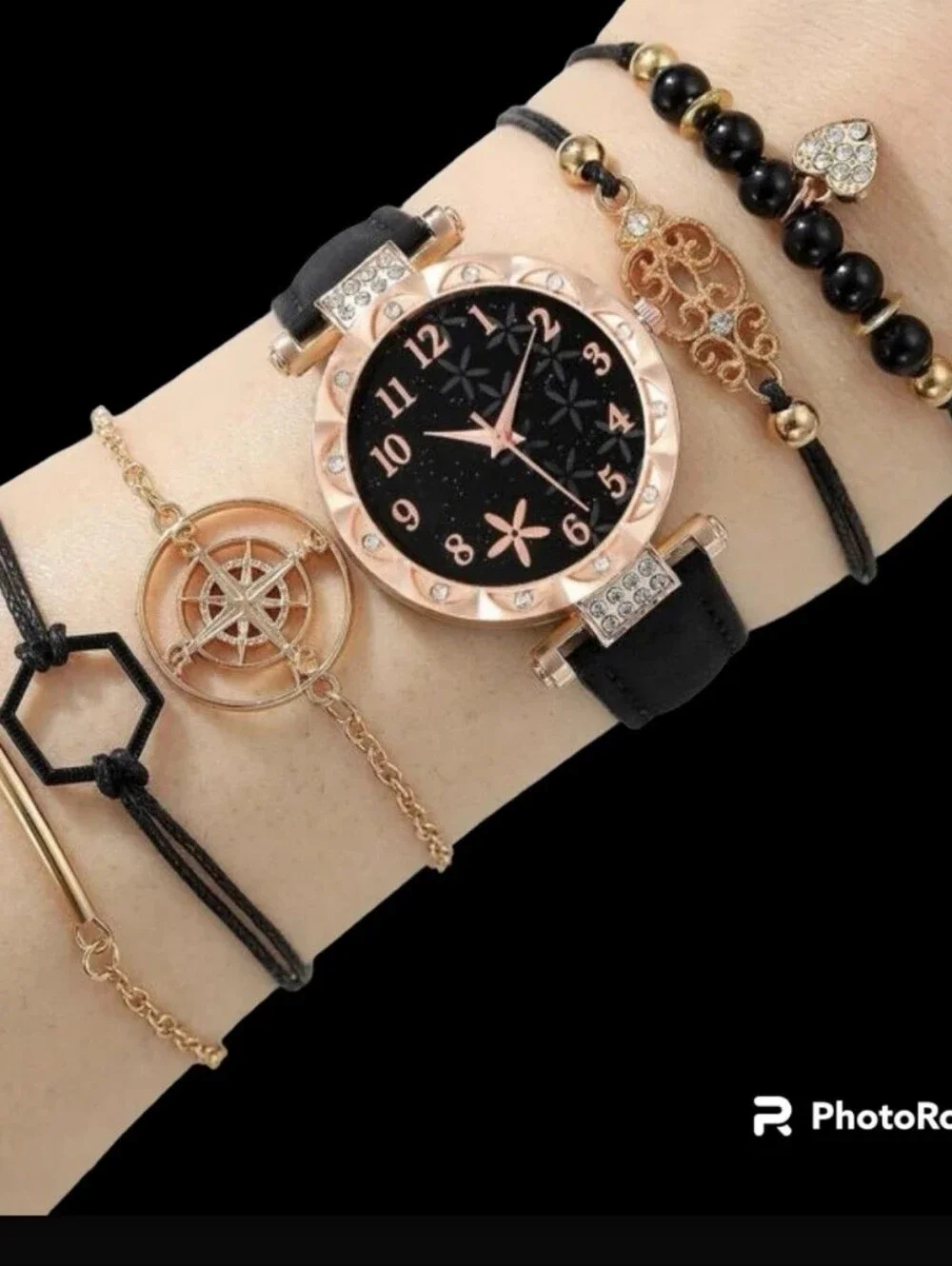 Black and Rose Gold Women's Watch and Bracelet Set